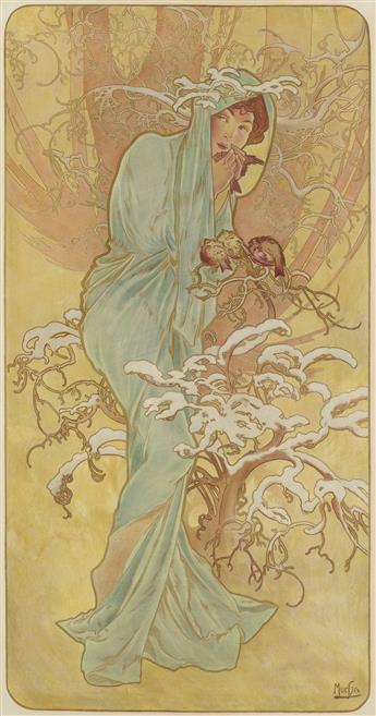 ALPHONSE MUCHA (1860-1939). [THE SEASONS.] Group of 4 decorative panels. 1896. Each 39x20 inches, 101x57 cm. [F. Champenois, Paris.]